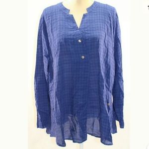 Cellabie Tunic Blue Plaid Button-Accent